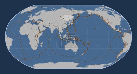 Photo for Amur tectonic plate on the solid contour map in the Robinson projection centered meridionally. Distribution of known volcanoes - Royalty Free Image