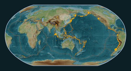 Photo for Amur tectonic plate on the Wiki style elevation map in the Robinson projection centered meridionally. Locations of earthquakes above 6.5 magnitude recorded since the early 17th century - Royalty Free Image