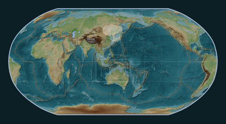 Photo for Amur tectonic plate on the Wiki style elevation map in the Robinson projection centered meridionally. Boundaries of other plates - Royalty Free Image