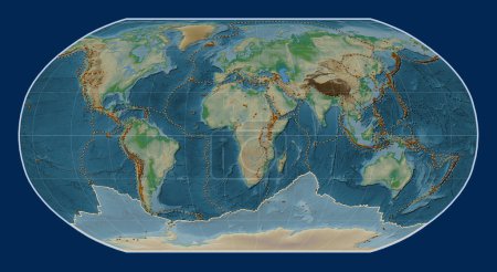 Photo for Antarctica tectonic plate on the physical elevation map in the Robinson projection centered meridionally. Distribution of known volcanoes - Royalty Free Image