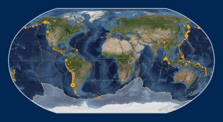 Photo for Antarctica tectonic plate on the Blue Marble satellite map in the Robinson projection centered meridionally. Locations of earthquakes above 6.5 magnitude recorded since the early 17th century - Royalty Free Image