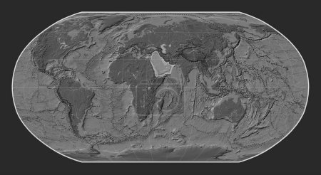 Photo for Arabian tectonic plate on the bilevel elevation map in the Robinson projection centered meridionally. Boundaries of other plates - Royalty Free Image