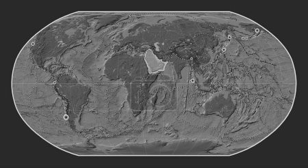 Photo for Arabian tectonic plate on the bilevel elevation map in the Robinson projection centered meridionally. Locations of earthquakes above 6.5 magnitude recorded since the early 17th century - Royalty Free Image