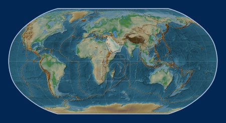 Photo for Arabian tectonic plate on the physical elevation map in the Robinson projection centered meridionally. Distribution of known volcanoes - Royalty Free Image