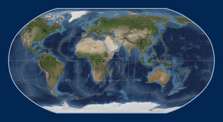 Photo for Arabian tectonic plate on the Blue Marble satellite map in the Robinson projection centered meridionally. Boundaries of other plates - Royalty Free Image