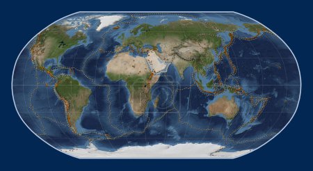 Photo for Arabian tectonic plate on the Blue Marble satellite map in the Robinson projection centered meridionally. Distribution of known volcanoes - Royalty Free Image
