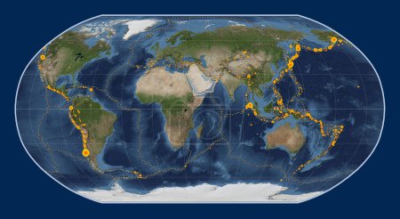 Photo for Arabian tectonic plate on the Blue Marble satellite map in the Robinson projection centered meridionally. Locations of earthquakes above 6.5 magnitude recorded since the early 17th century - Royalty Free Image