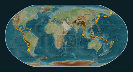 Photo for Arabian tectonic plate on the Wiki style elevation map in the Robinson projection centered meridionally. Locations of earthquakes above 6.5 magnitude recorded since the early 17th century - Royalty Free Image