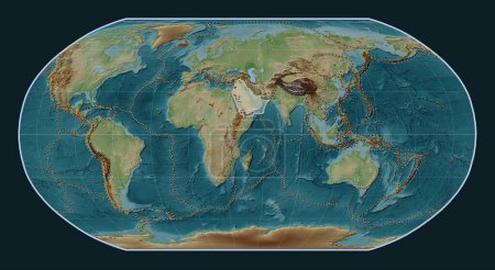 Photo for Arabian tectonic plate on the Wiki style elevation map in the Robinson projection centered meridionally. Distribution of known volcanoes - Royalty Free Image