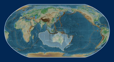 Photo for Australian tectonic plate on the physical elevation map in the Robinson projection centered meridionally. Distribution of known volcanoes - Royalty Free Image