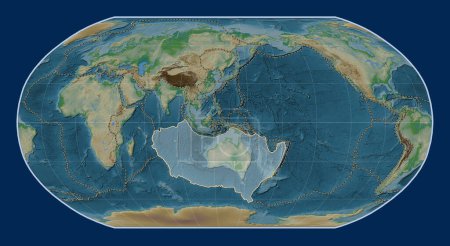 Photo for Australian tectonic plate on the physical elevation map in the Robinson projection centered meridionally. Boundaries of other plates - Royalty Free Image