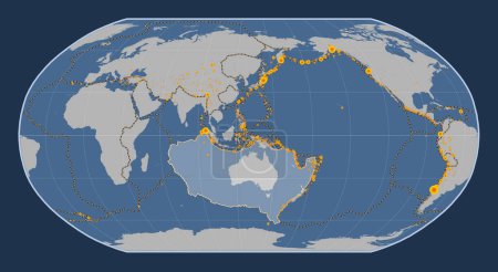 Photo for Australian tectonic plate on the solid contour map in the Robinson projection centered meridionally. Locations of earthquakes above 6.5 magnitude recorded since the early 17th century - Royalty Free Image