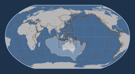 Photo for Australian tectonic plate on the solid contour map in the Robinson projection centered meridionally. Distribution of known volcanoes - Royalty Free Image