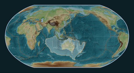 Photo for Australian tectonic plate on the Wiki style elevation map in the Robinson projection centered meridionally. Boundaries of other plates - Royalty Free Image