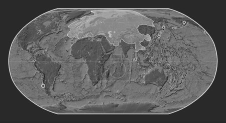 Photo for Eurasian tectonic plate on the bilevel elevation map in the Robinson projection centered meridionally. Locations of earthquakes above 6.5 magnitude recorded since the early 17th century - Royalty Free Image