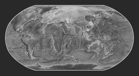 Photo for Eurasian tectonic plate on the grayscale elevation map in the Robinson projection centered meridionally. Locations of earthquakes above 6.5 magnitude recorded since the early 17th century - Royalty Free Image