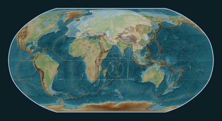 Photo for Eurasian tectonic plate on the Wiki style elevation map in the Robinson projection centered meridionally. Distribution of known volcanoes - Royalty Free Image