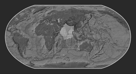 Photo for Indian tectonic plate on the bilevel elevation map in the Robinson projection centered meridionally. Boundaries of other plates - Royalty Free Image