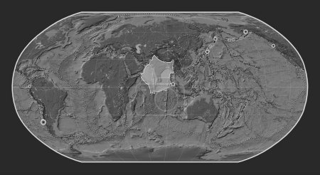 Photo for Indian tectonic plate on the bilevel elevation map in the Robinson projection centered meridionally. Locations of earthquakes above 6.5 magnitude recorded since the early 17th century - Royalty Free Image