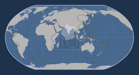 Photo for Indian tectonic plate on the solid contour map in the Robinson projection centered meridionally. Boundaries of other plates - Royalty Free Image