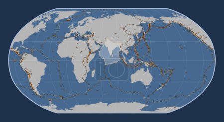 Photo for Indian tectonic plate on the solid contour map in the Robinson projection centered meridionally. Distribution of known volcanoes - Royalty Free Image