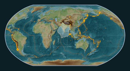 Téléchargez les photos : Plaque tectonique indienne sur la carte d'élévation de style Wiki dans la projection Robinson centrée méridionale. Lieux des tremblements de terre de plus de 6,5 magnitude enregistrés depuis le début du 17ème siècle - en image libre de droit