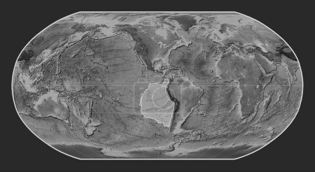 Photo for Nazca tectonic plate on the grayscale elevation map in the Robinson projection centered meridionally. Boundaries of other plates - Royalty Free Image