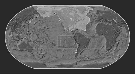 Photo for North American tectonic plate on the bilevel elevation map in the Robinson projection centered meridionally. Locations of earthquakes above 6.5 magnitude recorded since the early 17th century - Royalty Free Image