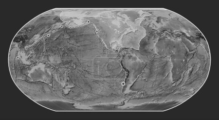 Photo for North American tectonic plate on the grayscale elevation map in the Robinson projection centered meridionally. Locations of earthquakes above 6.5 magnitude recorded since the early 17th century - Royalty Free Image