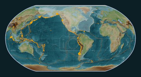 Photo for North American tectonic plate on the Wiki style elevation map in the Robinson projection centered meridionally. Locations of earthquakes above 6.5 magnitude recorded since the early 17th century - Royalty Free Image