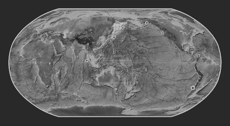 Photo for Okhotsk tectonic plate on the grayscale elevation map in the Robinson projection centered meridionally. Locations of earthquakes above 6.5 magnitude recorded since the early 17th century - Royalty Free Image