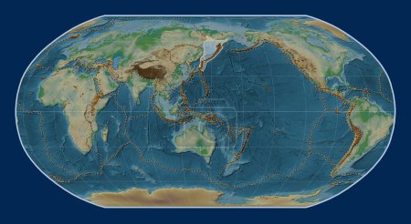 Photo for Okhotsk tectonic plate on the physical elevation map in the Robinson projection centered meridionally. Distribution of known volcanoes - Royalty Free Image
