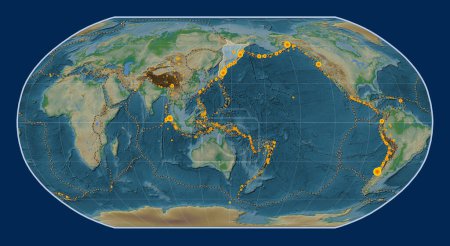 Photo for Okhotsk tectonic plate on the physical elevation map in the Robinson projection centered meridionally. Locations of earthquakes above 6.5 magnitude recorded since the early 17th century - Royalty Free Image
