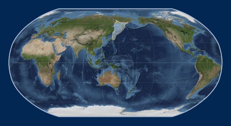 Photo for Okhotsk tectonic plate on the Blue Marble satellite map in the Robinson projection centered meridionally. - Royalty Free Image