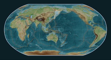 Photo for Okhotsk tectonic plate on the Wiki style elevation map in the Robinson projection centered meridionally. Boundaries of other plates - Royalty Free Image