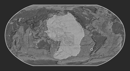 Photo for Pacific tectonic plate on the bilevel elevation map in the Robinson projection centered meridionally. Locations of earthquakes above 6.5 magnitude recorded since the early 17th century - Royalty Free Image