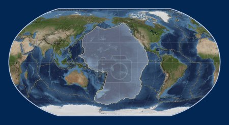 Photo for Pacific tectonic plate on the Blue Marble satellite map in the Robinson projection centered meridionally. Boundaries of other plates - Royalty Free Image