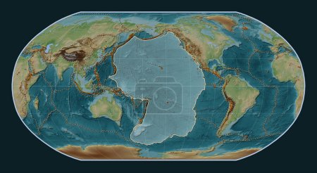 Photo for Pacific tectonic plate on the Wiki style elevation map in the Robinson projection centered meridionally. Distribution of known volcanoes - Royalty Free Image