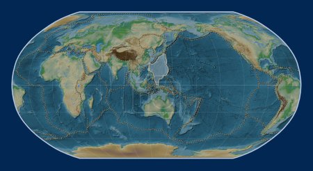 Photo for Philippine Sea tectonic plate on the physical elevation map in the Robinson projection centered meridionally. Boundaries of other plates - Royalty Free Image