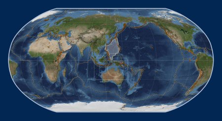 Photo for Philippine Sea tectonic plate on the Blue Marble satellite map in the Robinson projection centered meridionally. Distribution of known volcanoes - Royalty Free Image
