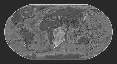 Photo for Somalian tectonic plate on the bilevel elevation map in the Robinson projection centered meridionally. Locations of earthquakes above 6.5 magnitude recorded since the early 17th century - Royalty Free Image