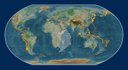 Photo for Somalian tectonic plate on the physical elevation map in the Robinson projection centered meridionally. Locations of earthquakes above 6.5 magnitude recorded since the early 17th century - Royalty Free Image