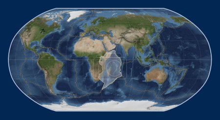 Photo for Somalian tectonic plate on the Blue Marble satellite map in the Robinson projection centered meridionally. Boundaries of other plates - Royalty Free Image