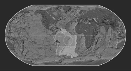 Photo for South American tectonic plate on the bilevel elevation map in the Robinson projection centered meridionally. Boundaries of other plates - Royalty Free Image