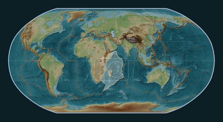 Photo for Somalian tectonic plate on the Wiki style elevation map in the Robinson projection centered meridionally. Distribution of known volcanoes - Royalty Free Image