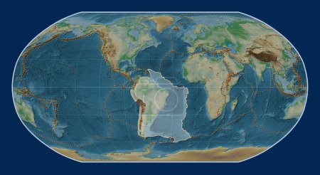 Téléchargez les photos : La plaque tectonique sud-américaine sur la carte physique de l'altitude dans la projection Robinson était centrée méridionale. Distribution des volcans connus - en image libre de droit