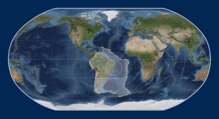 Photo for South American tectonic plate on the Blue Marble satellite map in the Robinson projection centered meridionally. Boundaries of other plates - Royalty Free Image