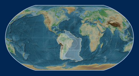 Foto de Placa tectónica sudamericana en el mapa de elevación física en la proyección Robinson centrada meridionalmente. - Imagen libre de derechos