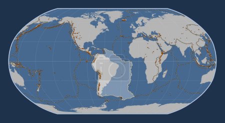 Photo for South American tectonic plate on the solid contour map in the Robinson projection centered meridionally. Distribution of known volcanoes - Royalty Free Image