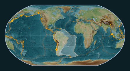 Téléchargez les photos : Plaque tectonique sud-américaine sur la carte d'élévation de style Wiki dans la projection Robinson centrée méridionale. Lieux des tremblements de terre de plus de 6,5 magnitude enregistrés depuis le début du 17ème siècle - en image libre de droit